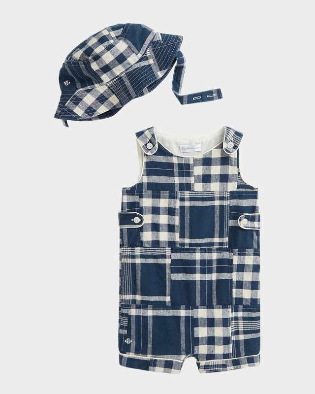 Boy's Patchwork-Print Overalls & Hat Set, Size 3M-12